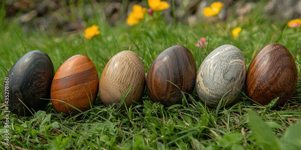 A rustic-themed collection of wooden Easter eggs placed on soft meadow grass A rustic-themed collection of wooden Easter eggs placed on soft meadow grass
