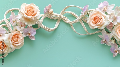Luxurious ivory vines wrapped with soft peach roses and pale lavender orchids, isolated on a solid aqua green background