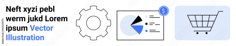 Gear for process, chart with pie and dollar for analytics, shopping cart for retail. Ideal for technology, business, e-commerce, marketing, operations, data analysis simple landing page Gear for process, chart with pie and dollar for analytics, shopping cart for retail. Ideal for technology, business, e-commerce, marketing, operations, data analysis simple landing page