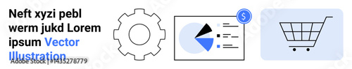 Gear for process, chart with pie and dollar for analytics, shopping cart for retail. Ideal for technology, business, e-commerce, marketing, operations, data analysis simple landing page