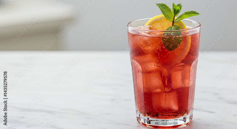 Refreshing Tinto De Verano in Clear Glass with Ice Lemon and Mint on White Marble Surface Drink Ads Promotion