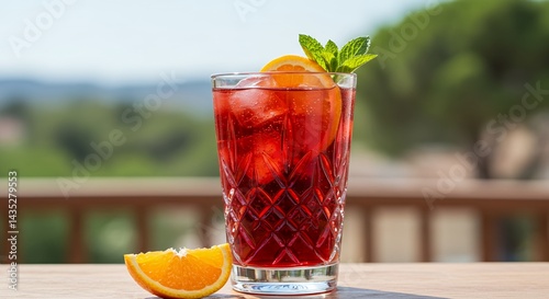 Obraz na płótnie Refreshing Tinto de Verano Cocktail with Orange and Mint Garnished in a Clear Glass on Wood Table Outdoor in Summer w salonie