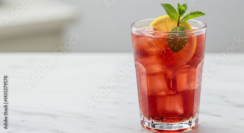 Obraz na płótnie Refreshing Tinto De Verano in Clear Glass with Ice Lemon and Mint on White Marble Surface Drink Ads Promotion w salonie