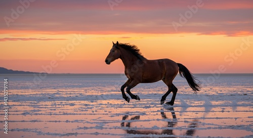 Majestic Stallion Galloping Across Salt Flats at Sunset