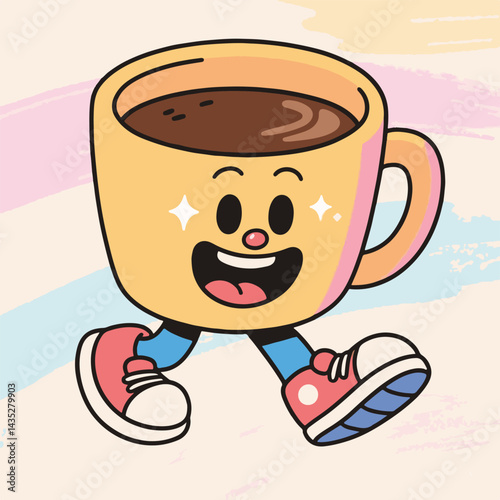 Illustration of a smiling, walking coffee cup, with cartoonish eyes, mouth, and shoes. 