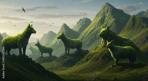 Enchanted Green Valley Mythical Moss-Covered Creatures Amidst Majestic Mountains photo