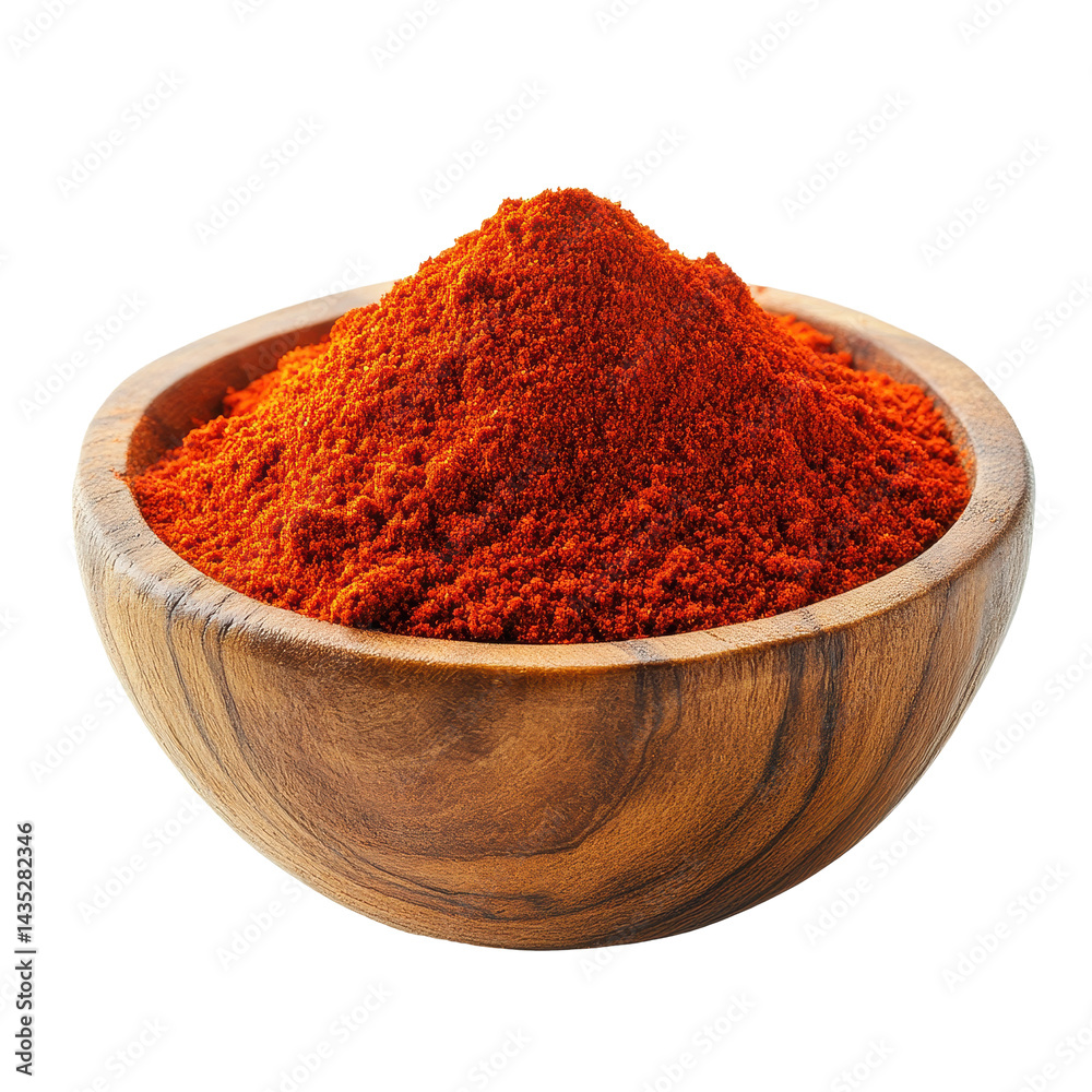 Chili pepper powder in wooden bowl showcasing vibrant color against a white background, Chili pepper powder in wood bowl on white background Chili pepper powder in wooden bowl showcasing vibrant color against a white background, Chili pepper powder in wood bowl on white background