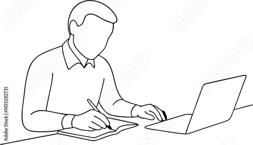  Writing notes beside laptop – one line vector. Simple line art of a person taking notes while working near a laptop. Continuous line, no color, no shading