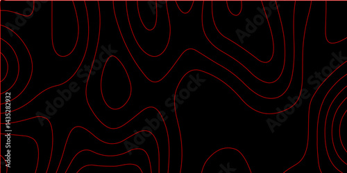Abstract red on black background with Topographic line map pattern. abstract wavy and curved lines background. linear map. Dark seamless design. Bold tile able isolines pattern. Vector illustration.