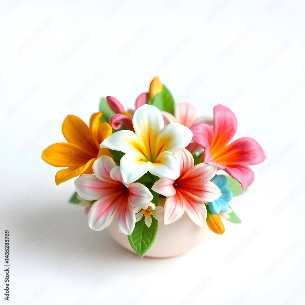 Naklejka premium Abstract hyper realistic watercolor painting of a small, detailed tropical flower bouquet inside a frame, isolated on white background art illustration design