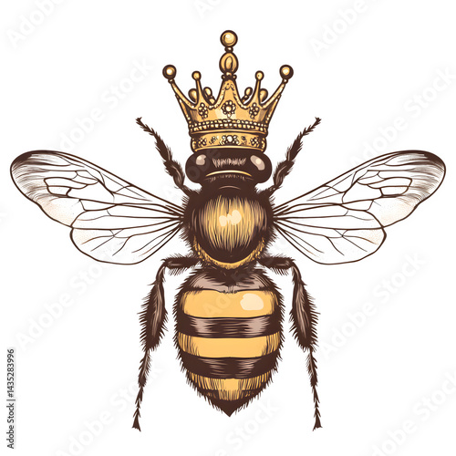 Illustration of a bee wearing a golden crown with intricate details against a black background