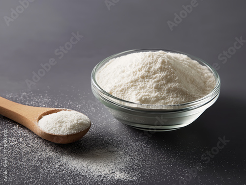 Collagen powder or flour being measured with wooden spoon and glass bowl