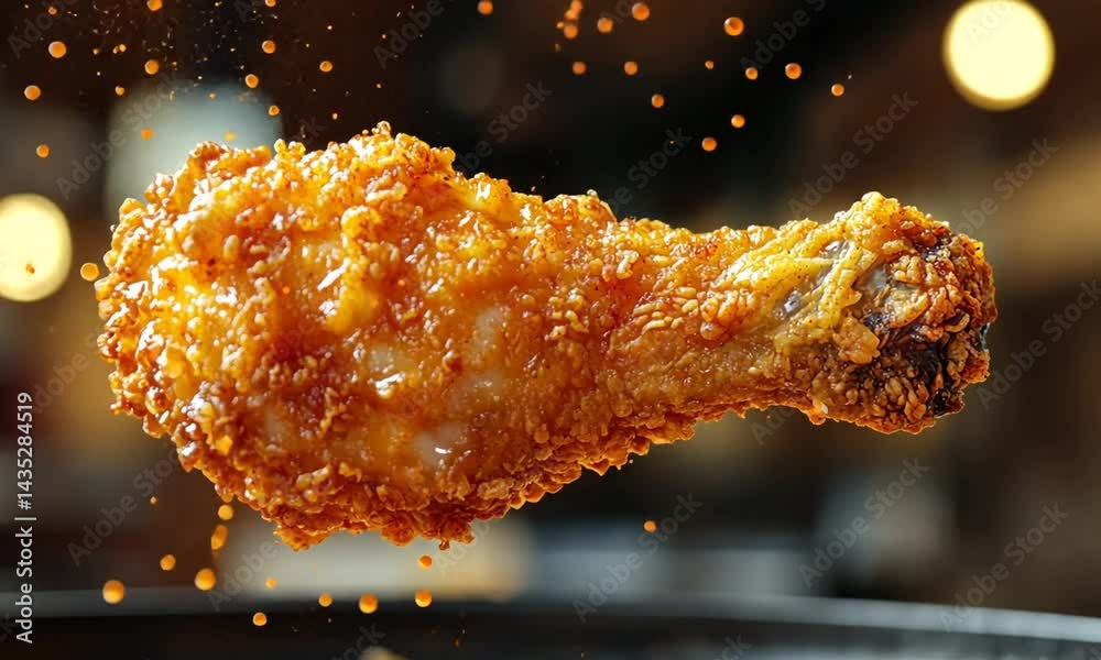 Crispy fried chicken drumstick suspended in mid-air with a backdrop of a warm kitchen setting