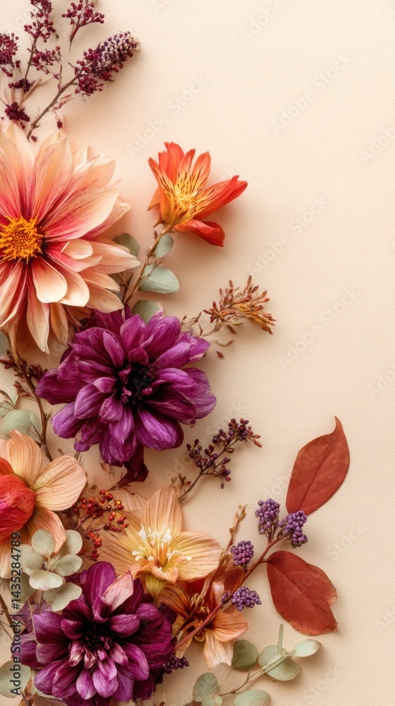 Obraz premium Floral Arrangement of Dahlias and Alstroemeria on a Soft Beige Background with Natural Light and Delicate Details for a Fresh and Elegant Aesthetic