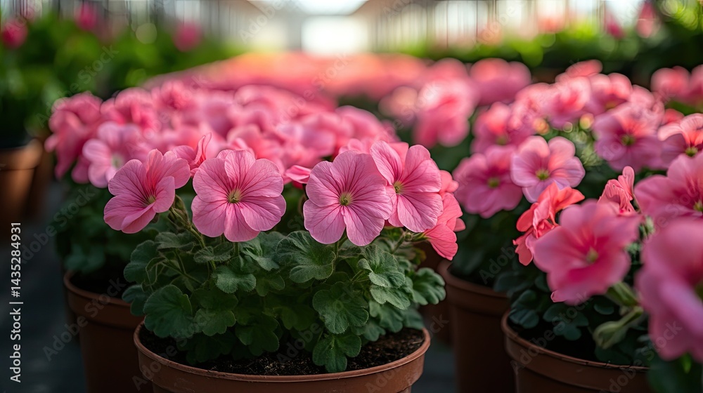 Pink flowers in rows in a greenhouse Pink flowers in rows in a greenhouse