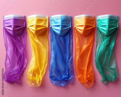 Colorful masks and flowing fabrics arranged artistically on a pink background