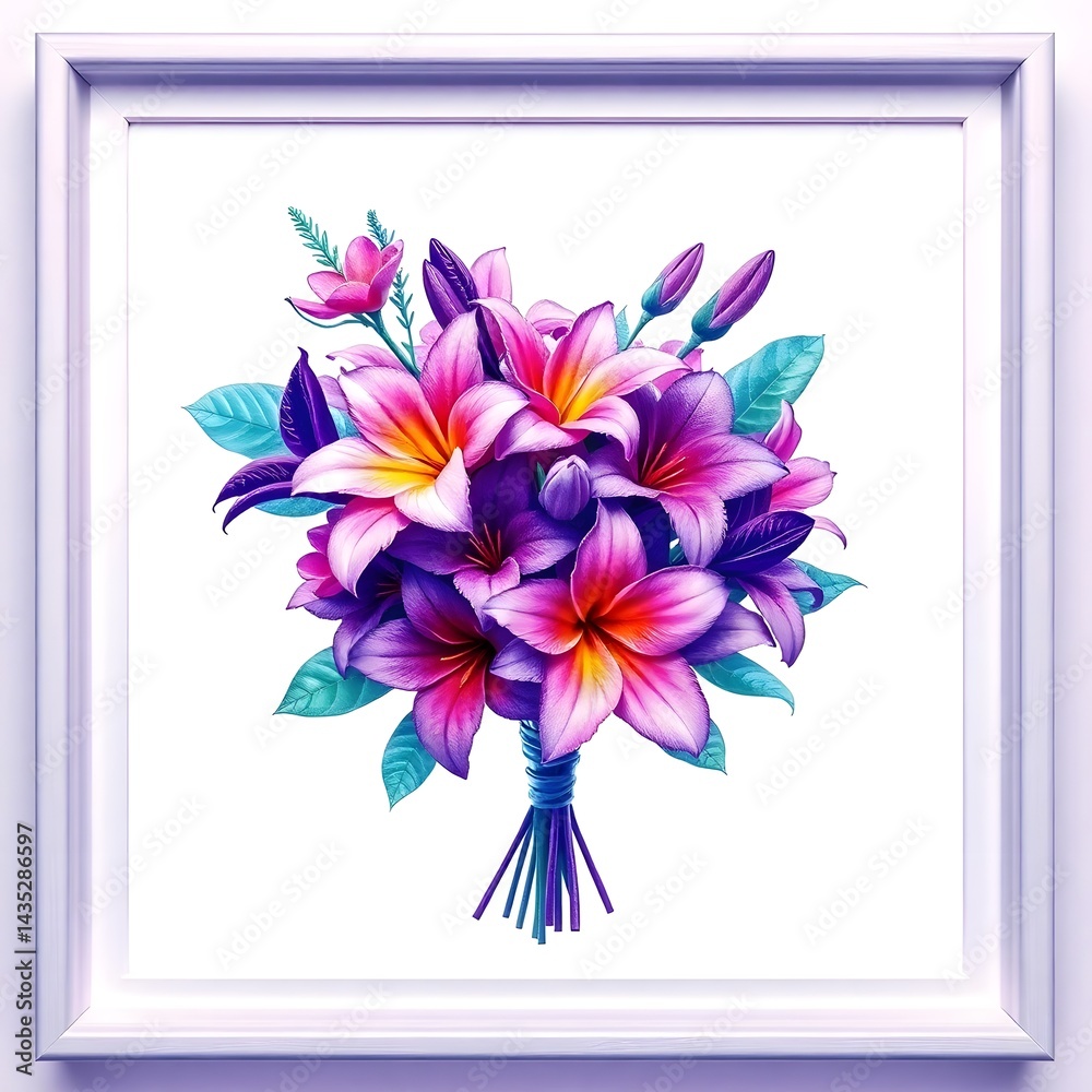Obraz premium Abstract hyper realistic watercolor painting of a small, detailed tropical flower bouquet inside a frame, isolated on white background art illustration design