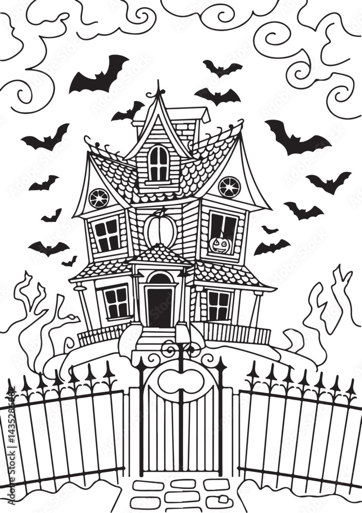 Fototapeta premium Spooky Haunted House with Bats and Gate Halloween Coloring Page Adult coloring page