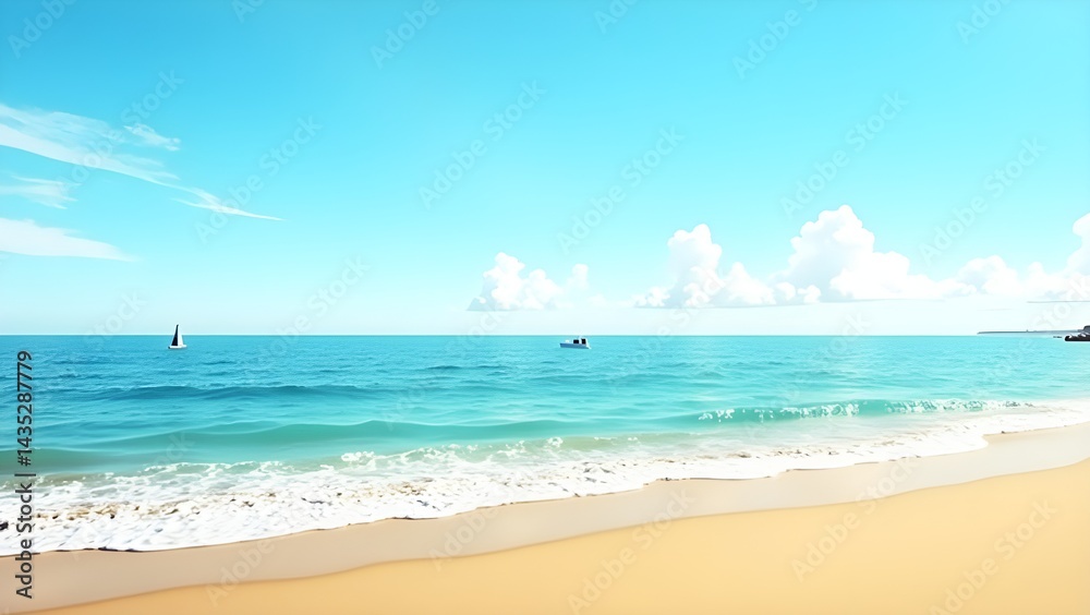 Fototapeta premium Sunny Beach Scene with Ocean Waves and Blue Sky