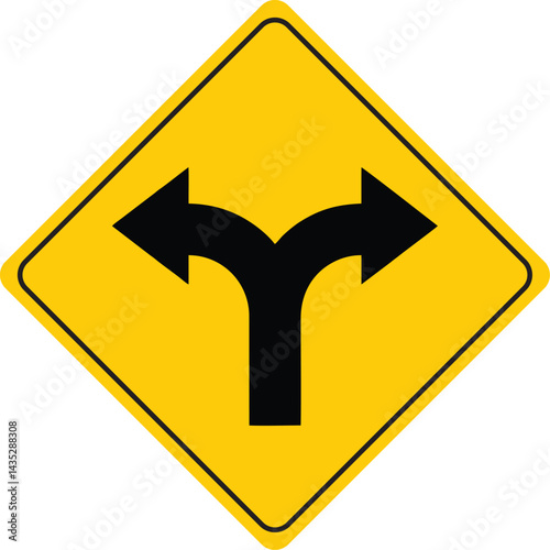 left or right turn traffic warning sign, yellow diamond-shaped caution symbol indicating a two-way split ahead
