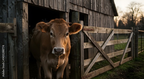 Cow Standing Near Barn Door on Farm at Sunset