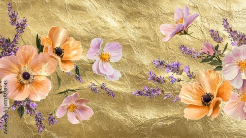 Metallic gold texture infused with pastel pink cosmos and lavender sprigs, forming a seamless floral background for elegant designs.