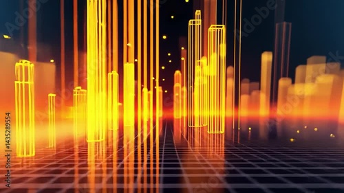 Vibrant digital landscape with glowing yellow lines and skyscrapers, showcasing futuristic technology through dynamic data bars and sound wave patterns in dark atmosphere.