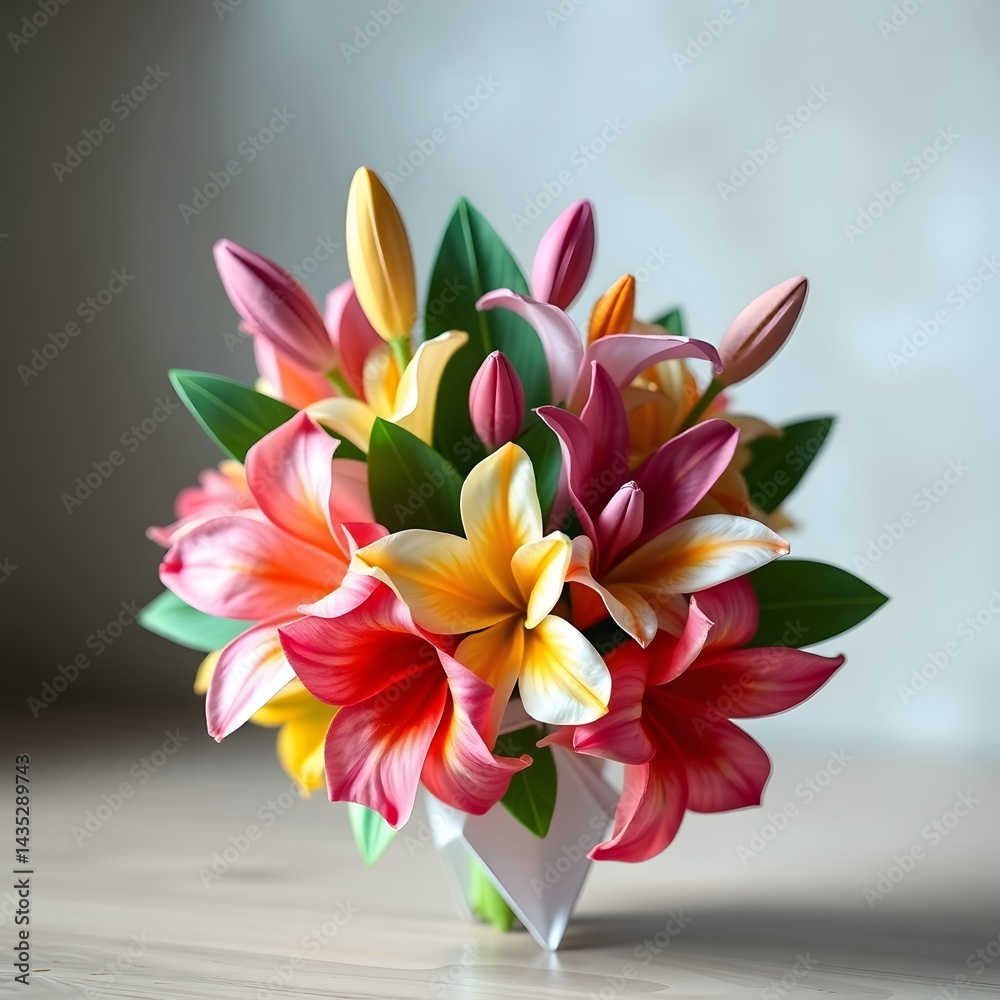 Naklejka premium Abstract hyper realistic watercolor painting of a small, detailed tropical flower bouquet inside a frame, isolated on white background art illustration design