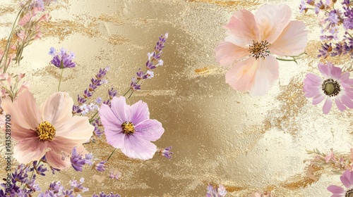 Metallic gold texture infused with pastel pink cosmos and lavender sprigs, forming a seamless floral background for elegant designs.