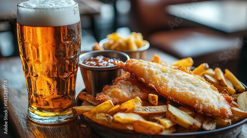 Crispy fish chips beer pub fare Delicious fish and chips accompanied by a pint of beer.