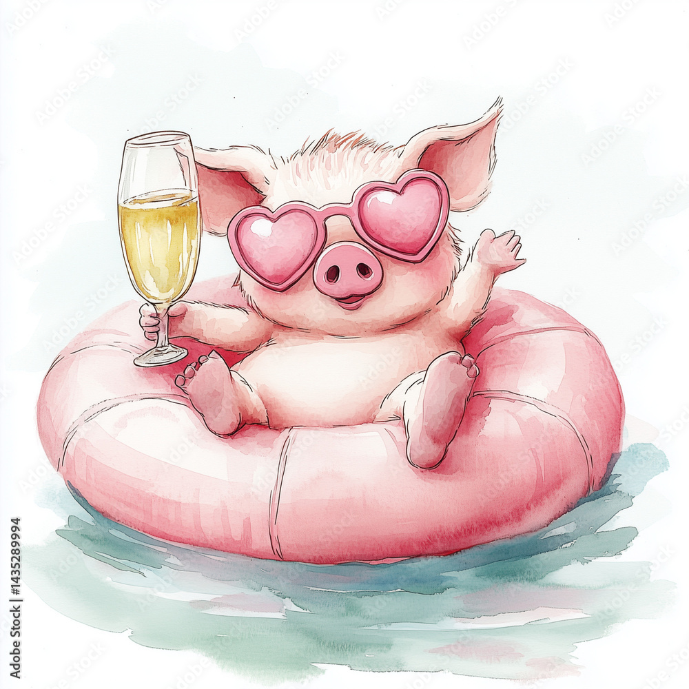 Obraz premium A pink piglet wearing pink heart-shaped glasses, holding a glass of champagne, lying on its back on a flamingo float that is floating in the water. isolated on a white background
