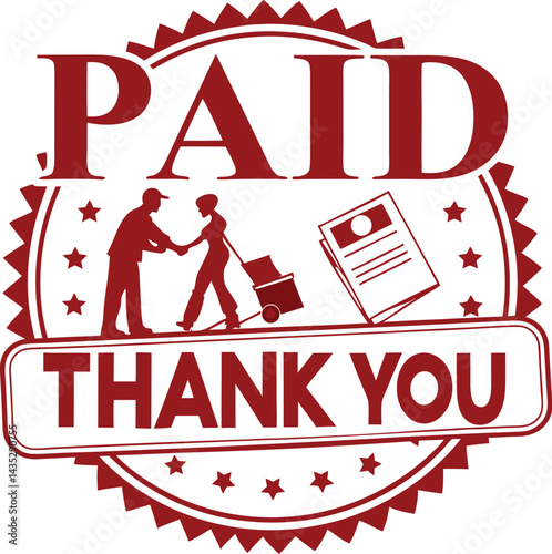 Circular Red Stamp with "PAID" in Bold Capital Letters, Shaking Hands Illustration, Dolly with Box, Document Icon, and "THANK YOU" Banner