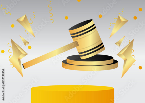 Mockup product display with Gavel. Vector cylinder pedestal podium. Stage showcase for presentation. Minimal geometric forms.