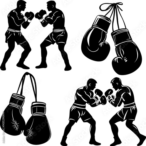 Vector illustration of silhouette of fighting boxers. Boxing set collection. Tied boxing gloves, isolated elements with transparent background