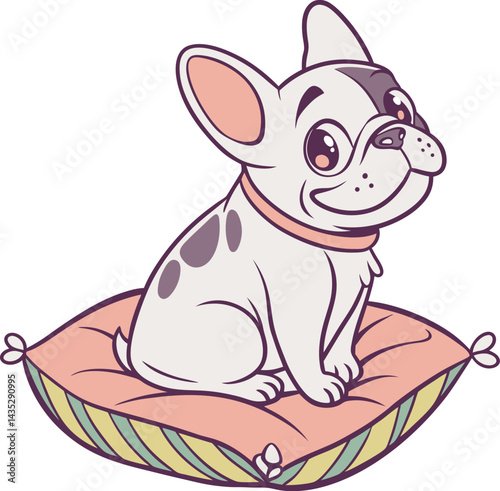 White French Bulldog with dark spots. Adorable puppy, vector illustration. Pet dog sitting on pillow. Isolated object with transparent background