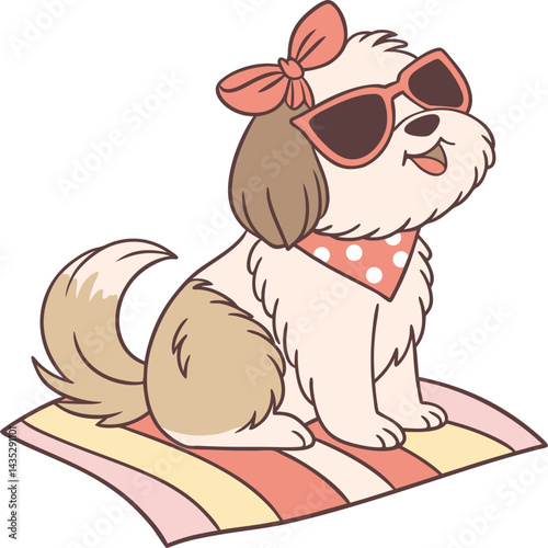 Cute shih tzu with red bow, sunglasses, bandana wrapped around the dogs neck. Adorable puppy, vector illustration. Pet dog sitting on colorful striped mat