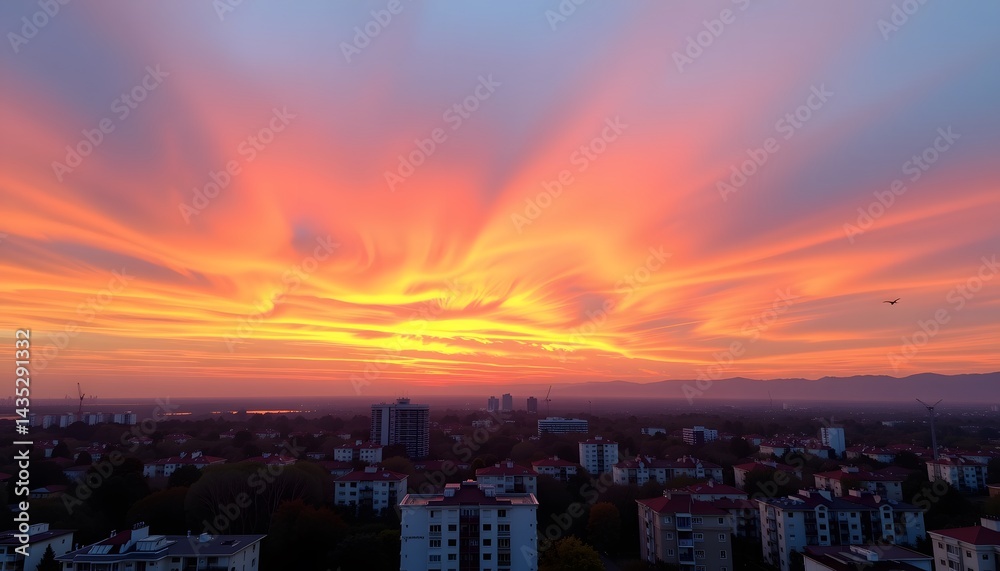 Fototapeta premium The vibrant hues of red, orange, and pink blend together seamlessly in the sky, casting a warm glow over the cityscape below.