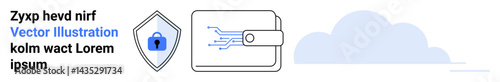 Shield with lock, digital wallet with circuit patterns, and cloud for security, technology, innovation, online payments, data protection, digital finance, fintech solutions flat landing page banner