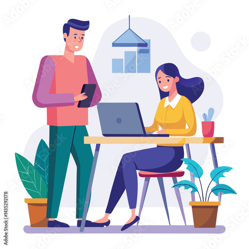 man sitting at his desk working on laptop, with woman standing near him holding phone, designed in flat style vector 
