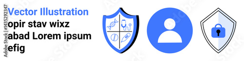 Blue medical shield with symbols, generic user icon, and secure shield with lock. Ideal for healthcare, data privacy, medical services, online profiles, cybersecurity, protection flat landing page
