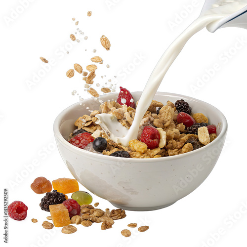 A bowl filled with muesli and dried fruit is showcased as milk is poured creating a striking splash effect that enhances the composition
