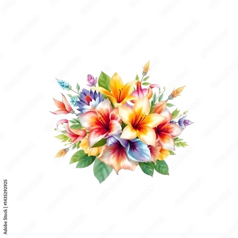 Obraz premium Abstract hyper realistic watercolor painting of a small, detailed tropical flower bouquet inside a frame, isolated on white background art illustration design