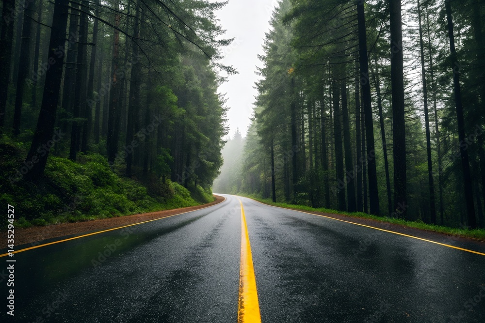Rainy Road Through Lush Evergreen Forest A Scenic Drive Rainy Road Through Lush Evergreen Forest A Scenic Drive
