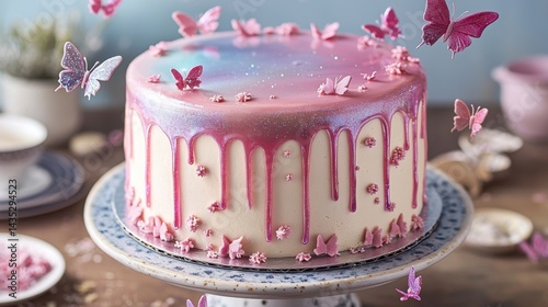 A stunning cake with butterfly decorations, a pink drip glaze, and delightful floral details.