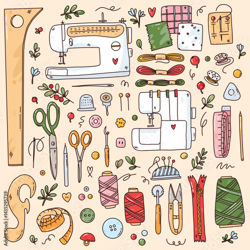 set with cartoon sewing elements