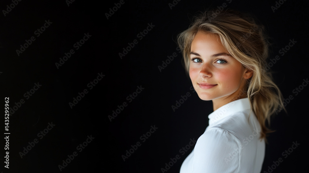 Fototapeta premium French business woman in white shirt smiling isolated on black background