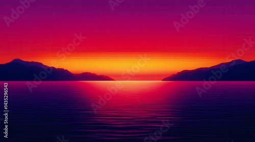 Sunset over water with mountain silhouettes background