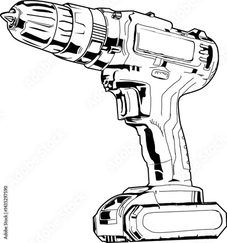 black and white line art illustration of a drill tool