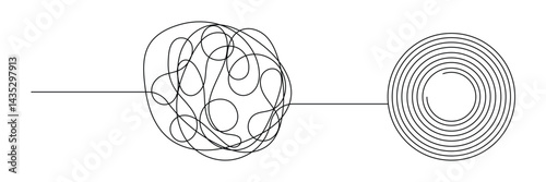 Complex line and Complicated way. Idea thinking process concept. Messy ball becomes a straight line concept.