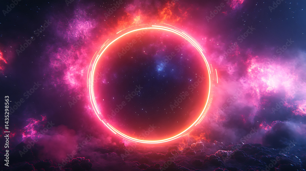 Fototapeta premium Abstract cosmic portal with nebula clouds and glowing ring in dark space digital artwork background generative ai